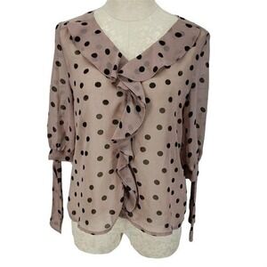 Darling Polka Dot Ruffle V-Neck Blouse Mauve Pink Black Size M
